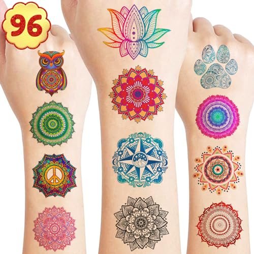 96PCS Pre-Cut Mandala Temporary Tattoos - Indian Decorations Themed Stickers for Boys and Girls Birthday Party Supplies, Decorations, Favors, and Prizes - Cute Gifts - görsel 2
