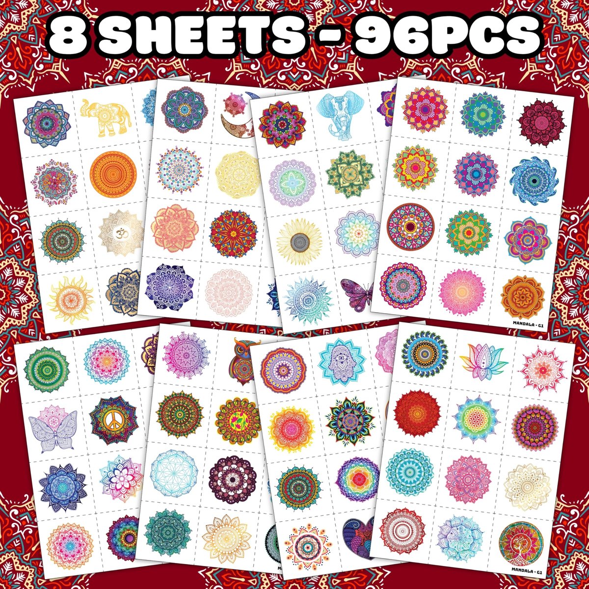 96PCS Pre-Cut Mandala Temporary Tattoos - Indian Decorations Themed Stickers for Boys and Girls Birthday Party Supplies, Decorations, Favors, and Prizes - Cute Gifts - görsel 5