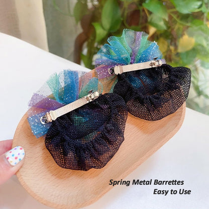 AsggBah 4pcs Floral Bow Hair Clips for Girls - Colorful Bow Barrettes with Bun Covers, Metal Hair Clips for Little Girls