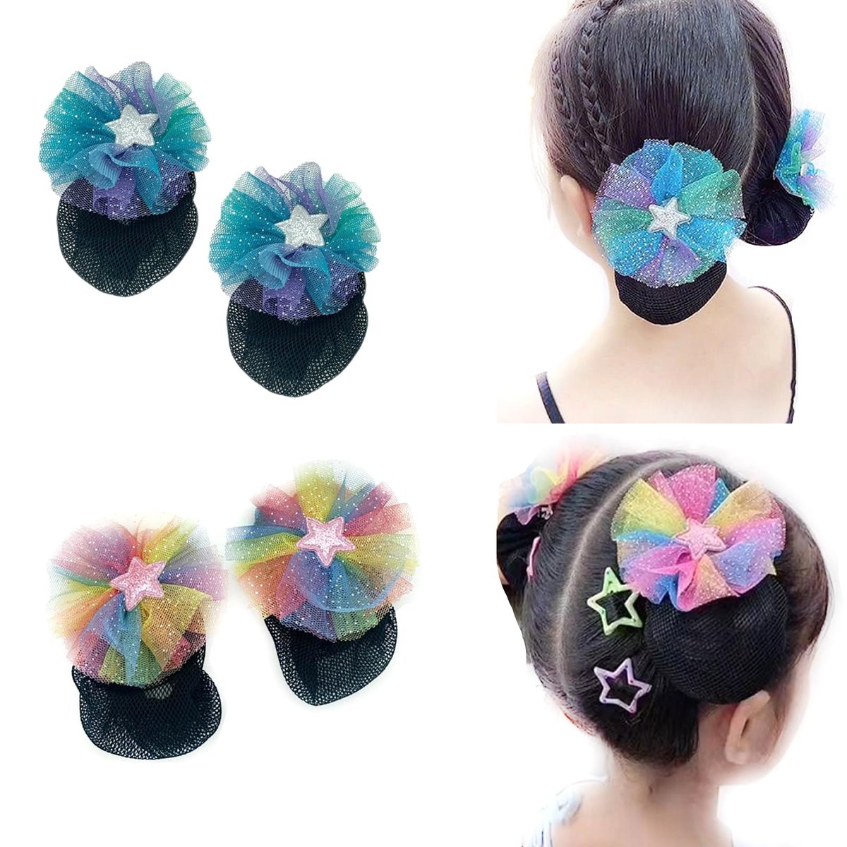 AsggBah 4pcs Floral Bow Hair Clips for Girls - Colorful Bow Barrettes with Bun Covers, Metal Hair Clips for Little Girls - görsel 1