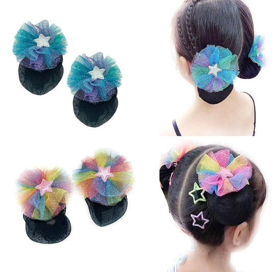 AsggBah 4pcs Floral Bow Hair Clips for Girls - Colorful Bow Barrettes with Bun Covers, Metal Hair Clips for Little Girls