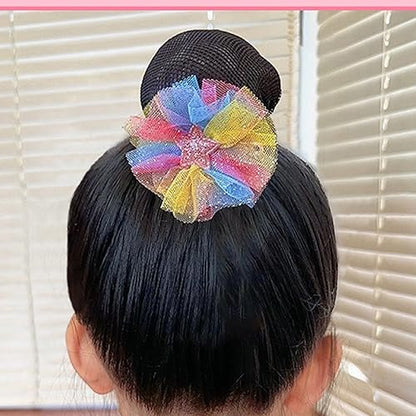 AsggBah 4pcs Floral Bow Hair Clips for Girls - Colorful Bow Barrettes with Bun Covers, Metal Hair Clips for Little Girls