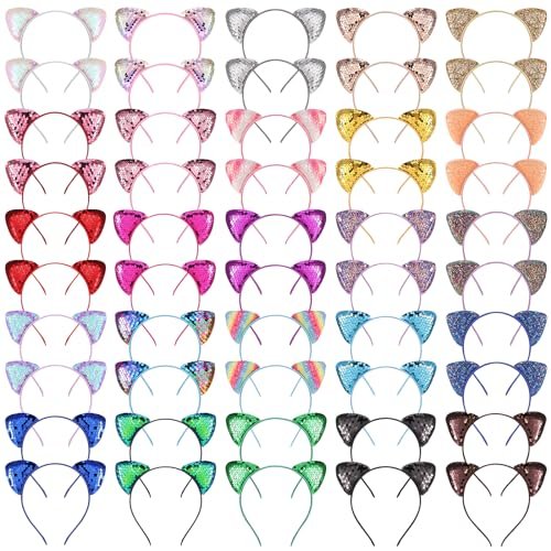 Hoemwarm 50-Pack Sequin Glitter Kitty Headbands - Shiny Cat Ear Hair Accessories for Girls and Adults, 25 Colors, Birthday Party Decorations Avelisse