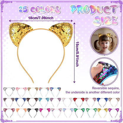 Hoemwarm 50-Pack Sequin Glitter Kitty Headbands - Shiny Cat Ear Hair Accessories for Girls and Adults, 25 Colors, Birthday Party Decorations Avelisse