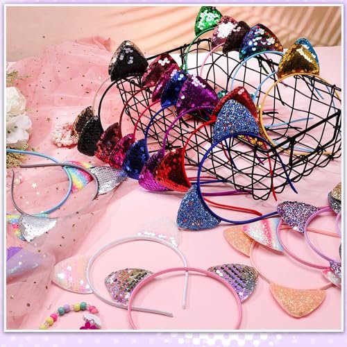 Hoemwarm 50-Pack Sequin Glitter Kitty Headbands - Shiny Cat Ear Hair Accessories for Girls and Adults, 25 Colors, Birthday Party Decorations Avelisse