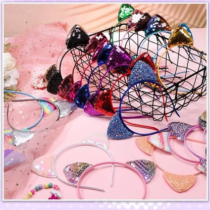 Hoemwarm 50-Pack Sequin Glitter Kitty Headbands - Shiny Cat Ear Hair Accessories for Girls and Adults, 25 Colors, Birthday Party Decorations Avelisse