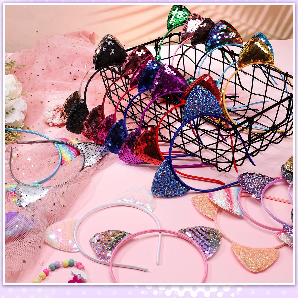 Hoemwarm 50-Pack Sequin Glitter Kitty Headbands - Shiny Cat Ear Hair Accessories for Girls and Adults, 25 Colors, Birthday Party Decorations Avelisse