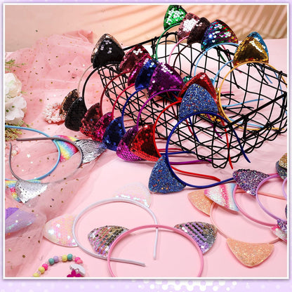 Hoemwarm 50-Pack Sequin Glitter Kitty Headbands - Shiny Cat Ear Hair Accessories for Girls and Adults, 25 Colors, Birthday Party Decorations Avelisse