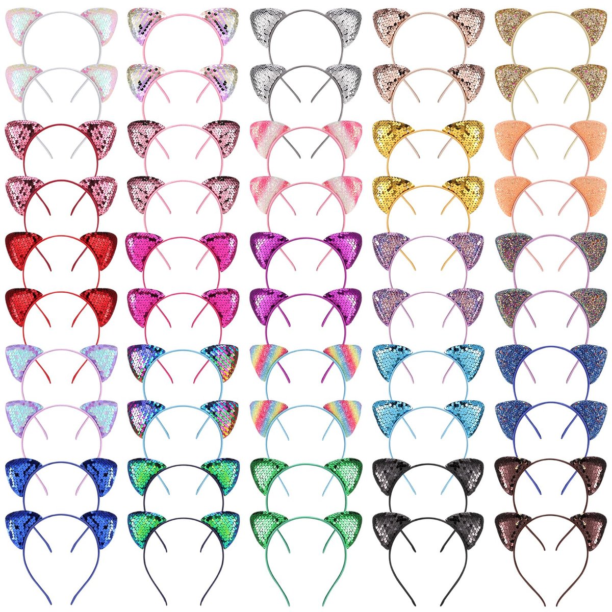 Hoemwarm 50-Pack Sequin Glitter Kitty Headbands - Shiny Cat Ear Hair Accessories for Girls and Adults, 25 Colors, Birthday Party Decorations Avelisse