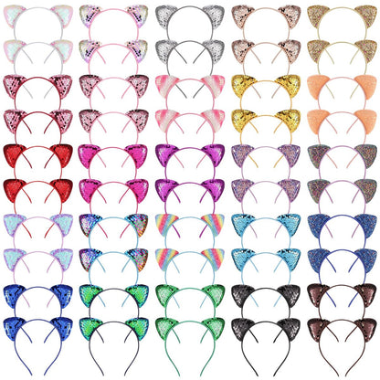 Hoemwarm 50-Pack Sequin Glitter Kitty Headbands - Shiny Cat Ear Hair Accessories for Girls and Adults, 25 Colors, Birthday Party Decorations Avelisse
