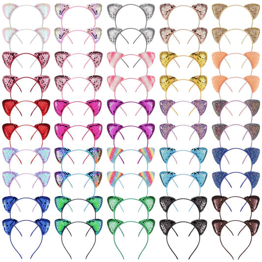Hoemwarm 50-Pack Sequin Glitter Kitty Headbands - Shiny Cat Ear Hair Accessories for Girls and Adults, 25 Colors, Birthday Party Decorations Avelisse