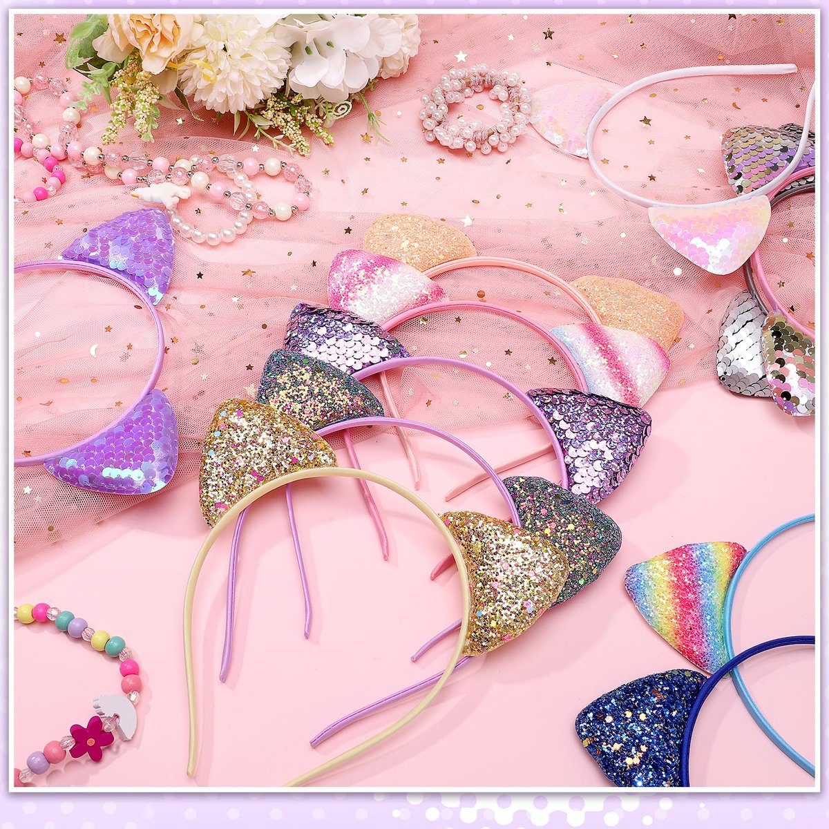 Hoemwarm 50-Pack Sequin Glitter Kitty Headbands - Shiny Cat Ear Hair Accessories for Girls and Adults, 25 Colors, Birthday Party Decorations Avelisse