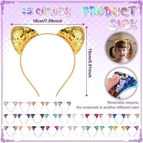 Hoemwarm 50-Pack Sequin Glitter Kitty Headbands - Shiny Cat Ear Hair Accessories for Girls and Adults, 25 Colors, Birthday Party Decorations Avelisse
