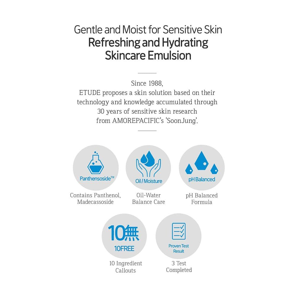 ETUDE SoonJung 10 Free Moist Emulsion - pH Balanced Face Moisturizer with Panthenol & Madecassoside for Sensitive Skin, 4.39 Fl Oz Avelisse