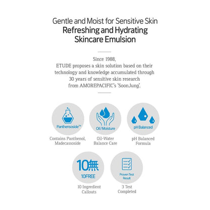 ETUDE SoonJung 10 Free Moist Emulsion - pH Balanced Face Moisturizer with Panthenol & Madecassoside for Sensitive Skin, 4.39 Fl Oz Avelisse