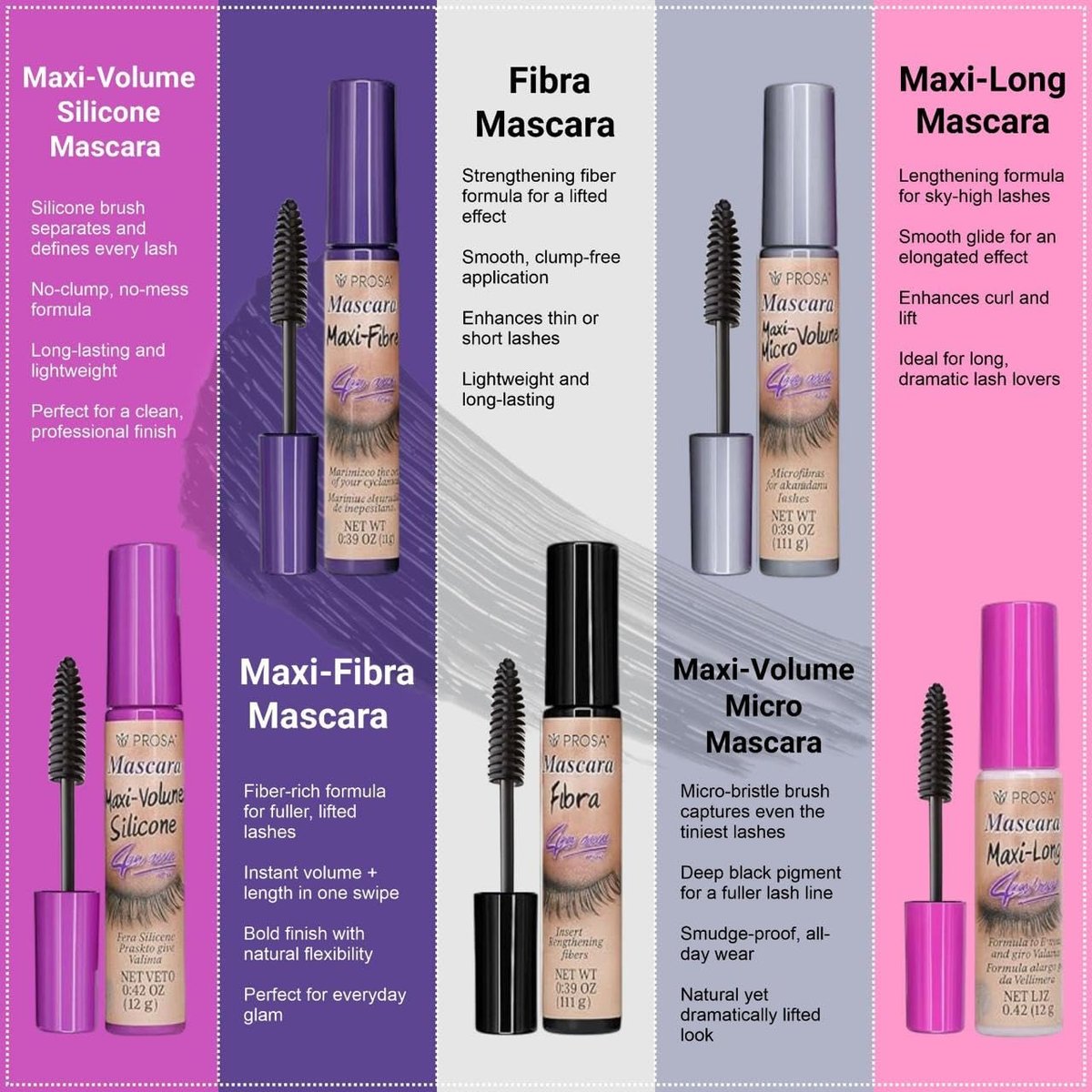 Prosa Mascara Professional Collection – Amplified Volume & Complete Lash Length, Deep Ebony, All-Day Wear, Pack of 5 Avelisse