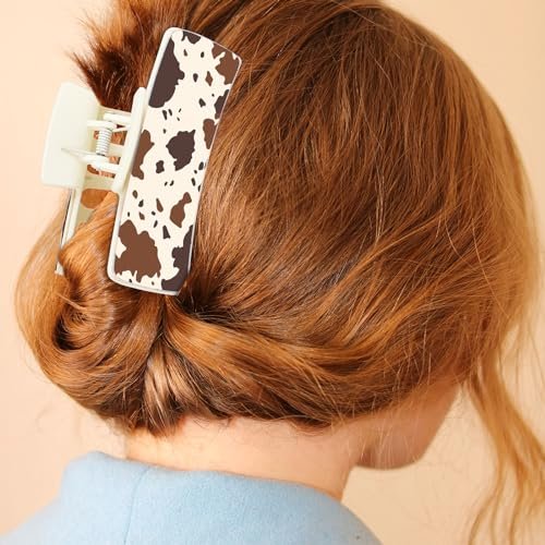 Yussti Western Leather Hair Claw Clips – Sunflower Floral Square Claw Clips for Hairstyling, Southwest Cow Print Cowhide Hair Accessories, Large Aesthetic Western Cowgirl Gift for Women Girls (Brown/Black/White, Pack of 4) Avelisse