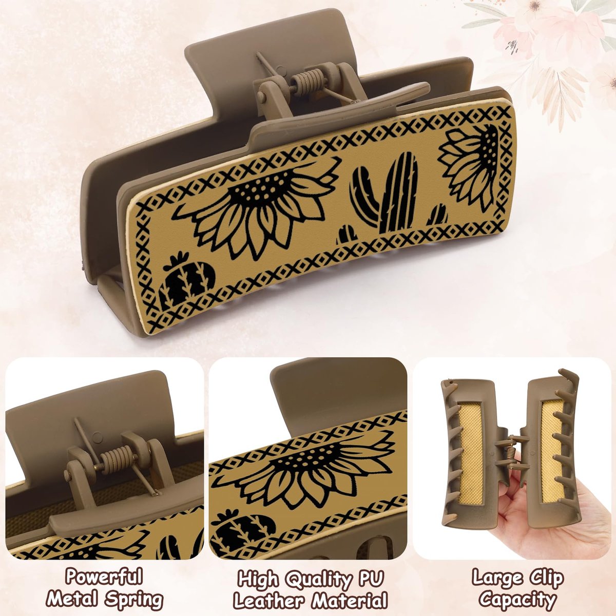 Yussti Western Leather Hair Claw Clips – Sunflower Floral Square Claw Clips for Hairstyling, Southwest Cow Print Cowhide Hair Accessories, Large Aesthetic Western Cowgirl Gift for Women Girls (Brown/Black/White, Pack of 4) Avelisse