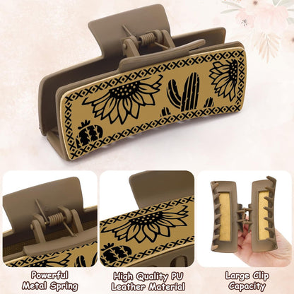 Yussti Western Leather Hair Claw Clips – Sunflower Floral Square Claw Clips for Hairstyling, Southwest Cow Print Cowhide Hair Accessories, Large Aesthetic Western Cowgirl Gift for Women Girls (Brown/Black/White, Pack of 4) Avelisse