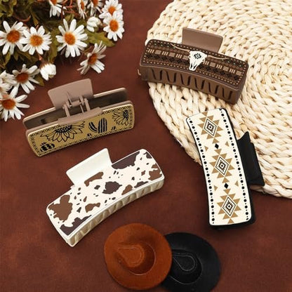 Yussti Western Leather Hair Claw Clips – Sunflower Floral Square Claw Clips for Hairstyling, Southwest Cow Print Cowhide Hair Accessories, Large Aesthetic Western Cowgirl Gift for Women Girls (Brown/Black/White, Pack of 4) Avelisse