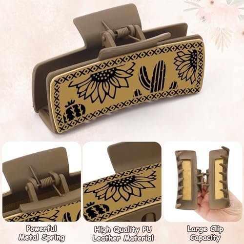 Yussti Western Leather Hair Claw Clips – Sunflower Floral Square Claw Clips for Hairstyling, Southwest Cow Print Cowhide Hair Accessories, Large Aesthetic Western Cowgirl Gift for Women Girls (Brown/Black/White, Pack of 4) Avelisse