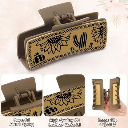 Yussti Western Leather Hair Claw Clips – Sunflower Floral Square Claw Clips for Hairstyling, Southwest Cow Print Cowhide Hair Accessories, Large Aesthetic Western Cowgirl Gift for Women Girls (Brown/Black/White, Pack of 4) Avelisse