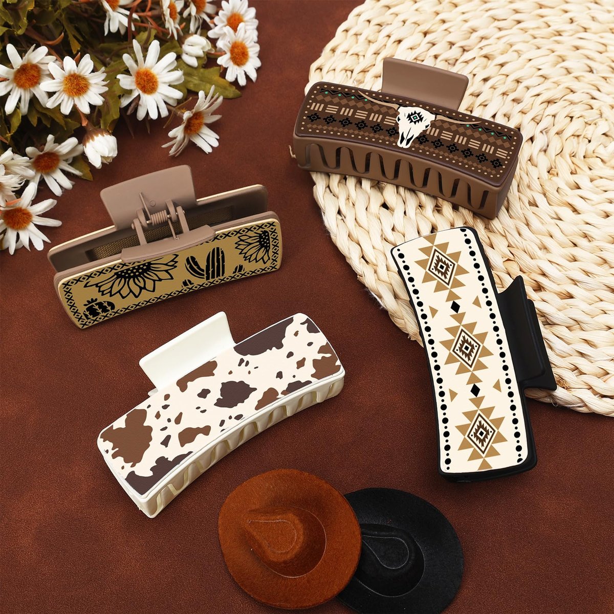 Yussti Western Leather Hair Claw Clips – Sunflower Floral Square Claw Clips for Hairstyling, Southwest Cow Print Cowhide Hair Accessories, Large Aesthetic Western Cowgirl Gift for Women Girls (Brown/Black/White, Pack of 4) Avelisse