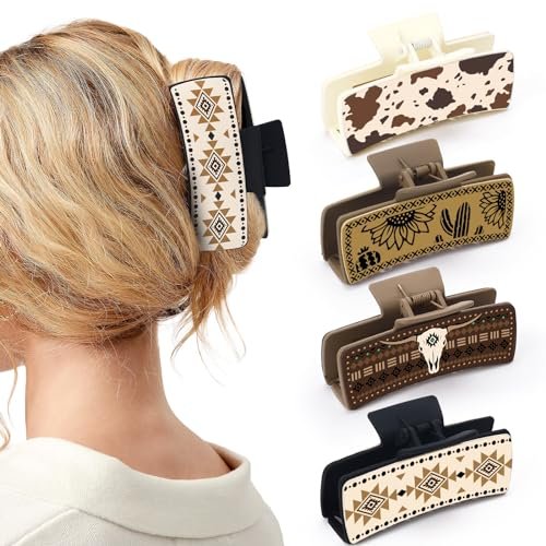 Yussti Western Leather Hair Claw Clips – Sunflower Floral Square Claw Clips for Hairstyling, Southwest Cow Print Cowhide Hair Accessories, Large Aesthetic Western Cowgirl Gift for Women Girls (Brown/Black/White, Pack of 4) Avelisse