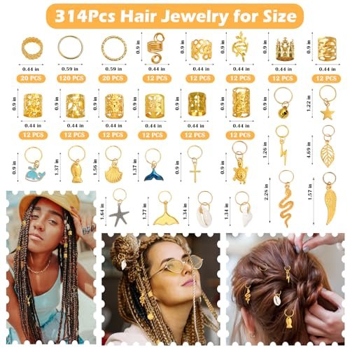 Lucomb 314 Pcs Hair Jewelry for Women – Aluminum Gold Hair Charms for Dreadlocks, Braids, and Locs Accessories - görsel 4