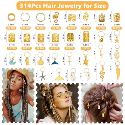 Lucomb 314 Pcs Hair Jewelry for Women – Aluminum Gold Hair Charms for Dreadlocks, Braids, and Locs Accessories