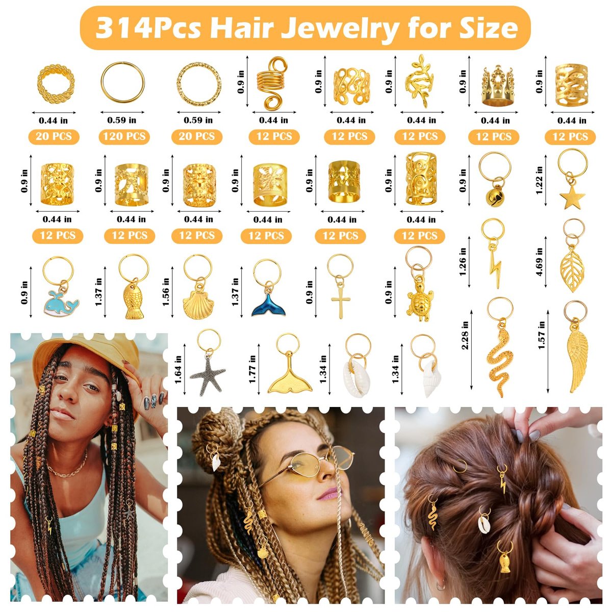 Lucomb 314 Pcs Hair Jewelry for Women – Aluminum Gold Hair Charms for Dreadlocks, Braids, and Locs Accessories - görsel 3