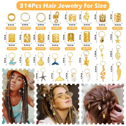 Lucomb 314 Pcs Hair Jewelry for Women – Aluminum Gold Hair Charms for Dreadlocks, Braids, and Locs Accessories