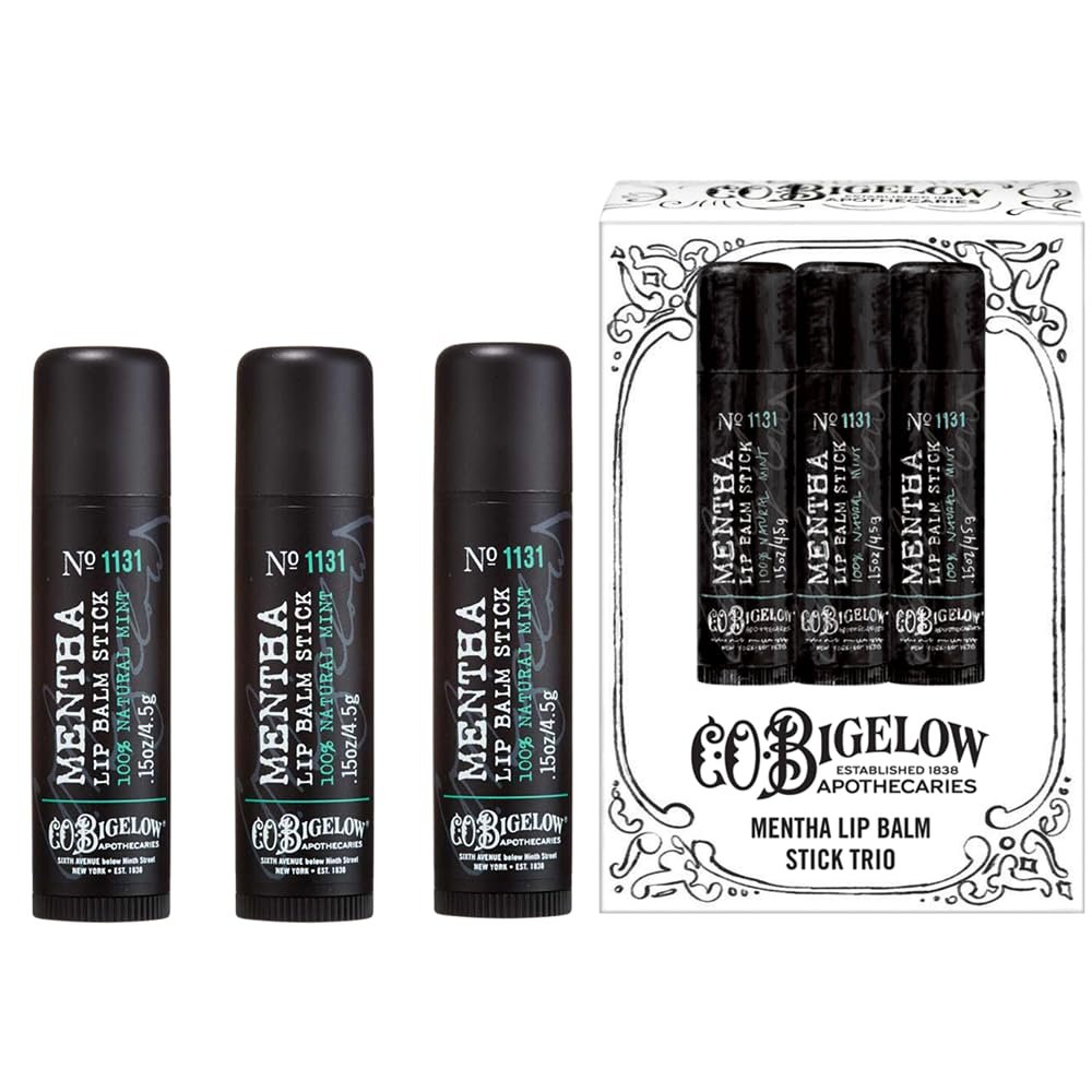 C.O. Bigelow Mentha Lip Balm Sticks, Pack of 3 – Shea Butter & Peppermint Oil Moisturizing Lip Care, 0.15 oz Each Avelisse