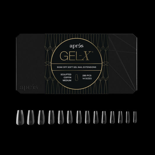 Aprés Gel-X Coffin Box of Nail Tips – 280 Clear Gel Tips, 14 Sizes 00-9, Half Sizes Included (Medium, Sculpted Coffin) Avelisse