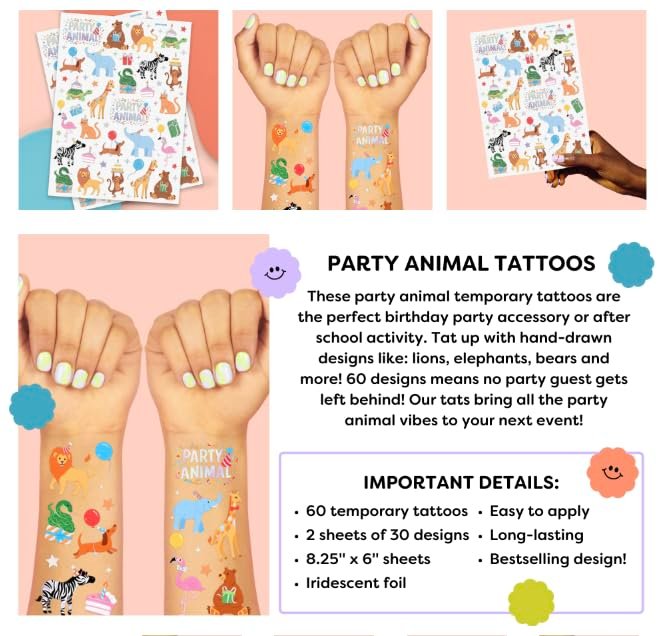 xo, Fetti Party Animal Birthday Party Temporary Tattoos - 60 Foil Styles | Safari Birthday Decorations, Wild Rainbow Kids Accessory, Wild One Elephant Theme Favors, Baby Shower Supplies - görsel 9