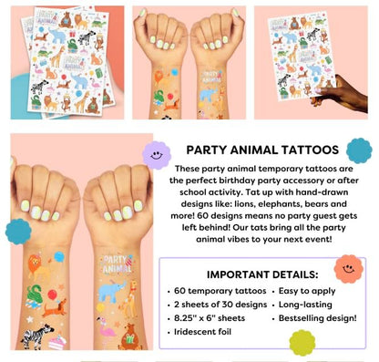 xo, Fetti Party Animal Birthday Party Temporary Tattoos - 60 Foil Styles | Safari Birthday Decorations, Wild Rainbow Kids Accessory, Wild One Elephant Theme Favors, Baby Shower Supplies