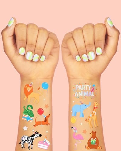 xo, Fetti Party Animal Birthday Party Temporary Tattoos - 60 Foil Styles | Safari Birthday Decorations, Wild Rainbow Kids Accessory, Wild One Elephant Theme Favors, Baby Shower Supplies - görsel 5