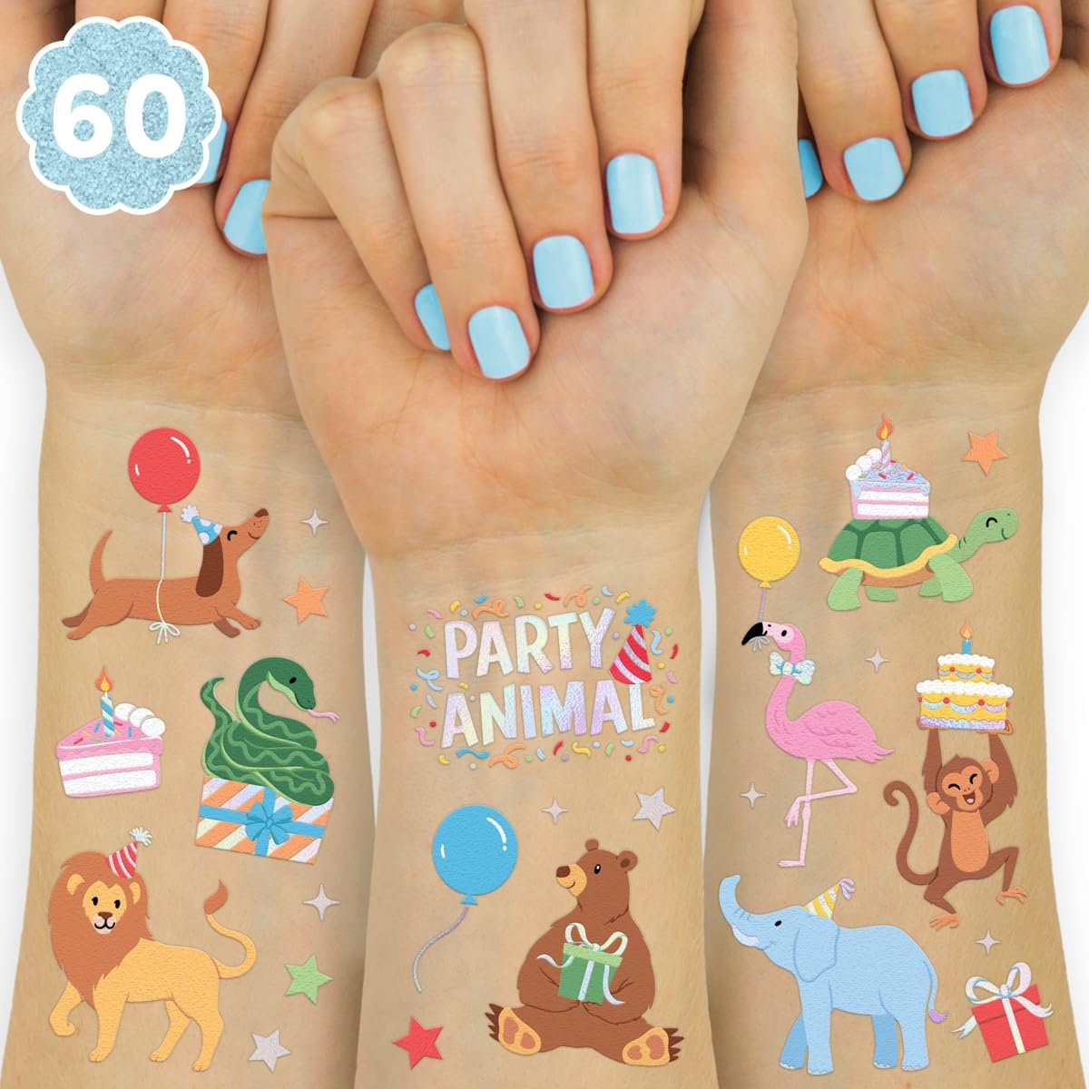 xo, Fetti Party Animal Birthday Party Temporary Tattoos - 60 Foil Styles | Safari Birthday Decorations, Wild Rainbow Kids Accessory, Wild One Elephant Theme Favors, Baby Shower Supplies - görsel 2