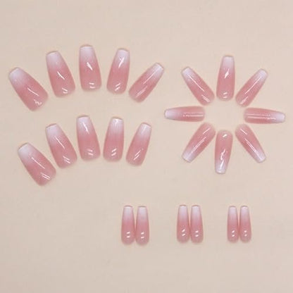 Hkanlre Bling Coffin Press on Nails - 24 Pcs Medium Length Full Cover False Nails in Gradient Pink