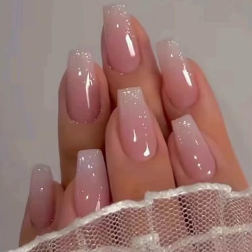 Hkanlre Bling Coffin Press on Nails - 24 Pcs Medium Length Full Cover False Nails in Gradient Pink - görsel 2