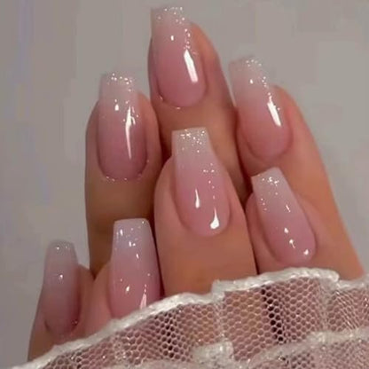 Hkanlre Bling Coffin Press on Nails - 24 Pcs Medium Length Full Cover False Nails in Gradient Pink