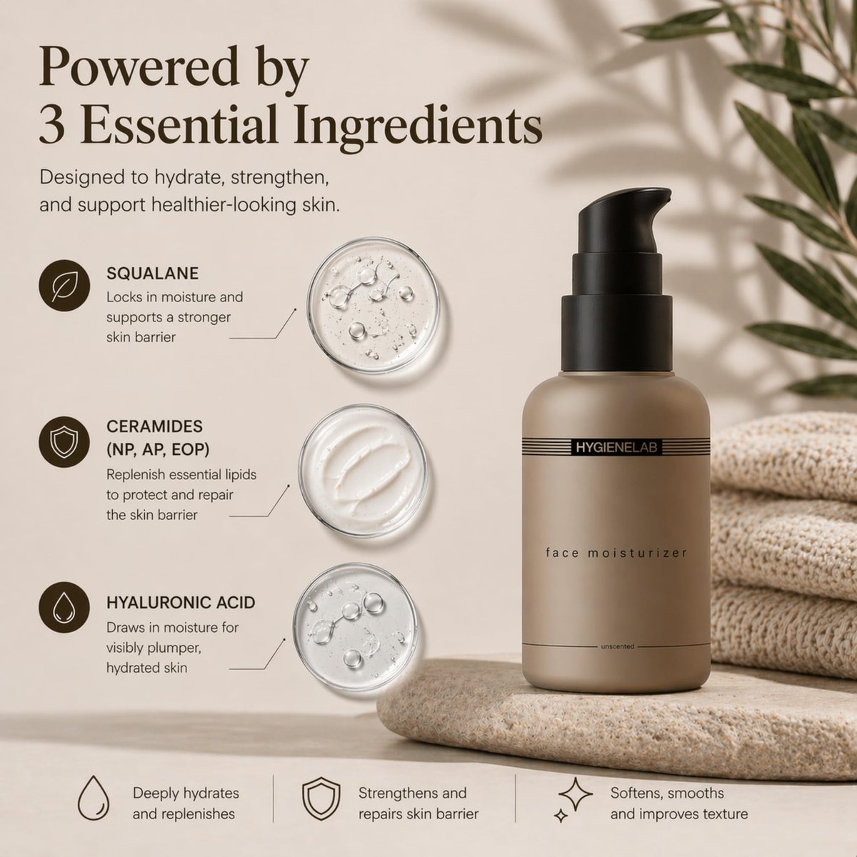 HygieneLab Face Moisturizer - EWG Verified, Unscented, Non-Greasy Hydration with Squalane, Aloe Vera, Ceramides & Hyaluronic Acid - 1.7 fl oz Avelisse