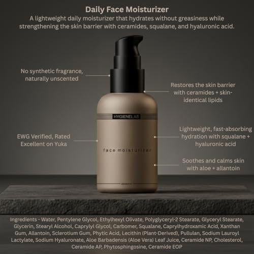 HygieneLab Face Moisturizer - EWG Verified, Unscented, Non-Greasy Hydration with Squalane, Aloe Vera, Ceramides & Hyaluronic Acid - 1.7 fl oz Avelisse