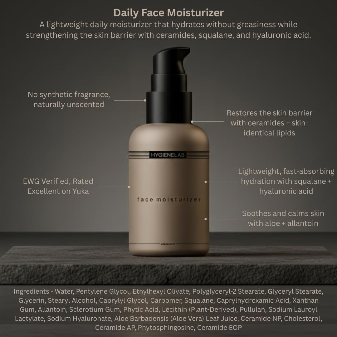 HygieneLab Face Moisturizer - EWG Verified, Unscented, Non-Greasy Hydration with Squalane, Aloe Vera, Ceramides & Hyaluronic Acid - 1.7 fl oz Avelisse