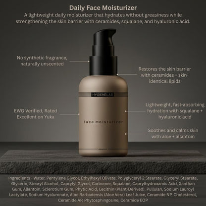 HygieneLab Face Moisturizer - EWG Verified, Unscented, Non-Greasy Hydration with Squalane, Aloe Vera, Ceramides & Hyaluronic Acid - 1.7 fl oz Avelisse