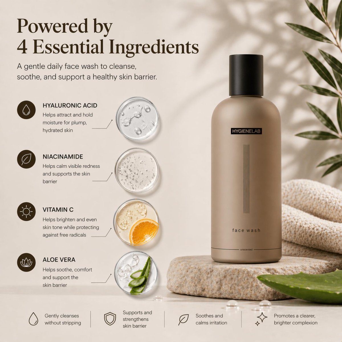 HygieneLab Face Wash – EWG Verified, Gentle & Hydrating Cleanser with Aloe, Niacinamide & Vitamin C (5 fl oz) Avelisse