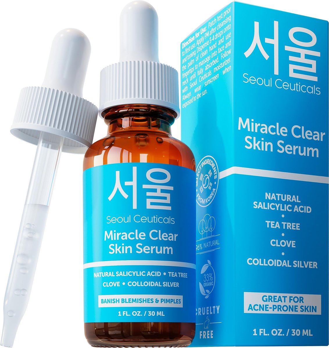 SeoulCeuticals Korean Acne Serum - Rapid Action Salicylic Acid, Tea Tree & Clove for Acne Prone Skin, 1oz Avelisse