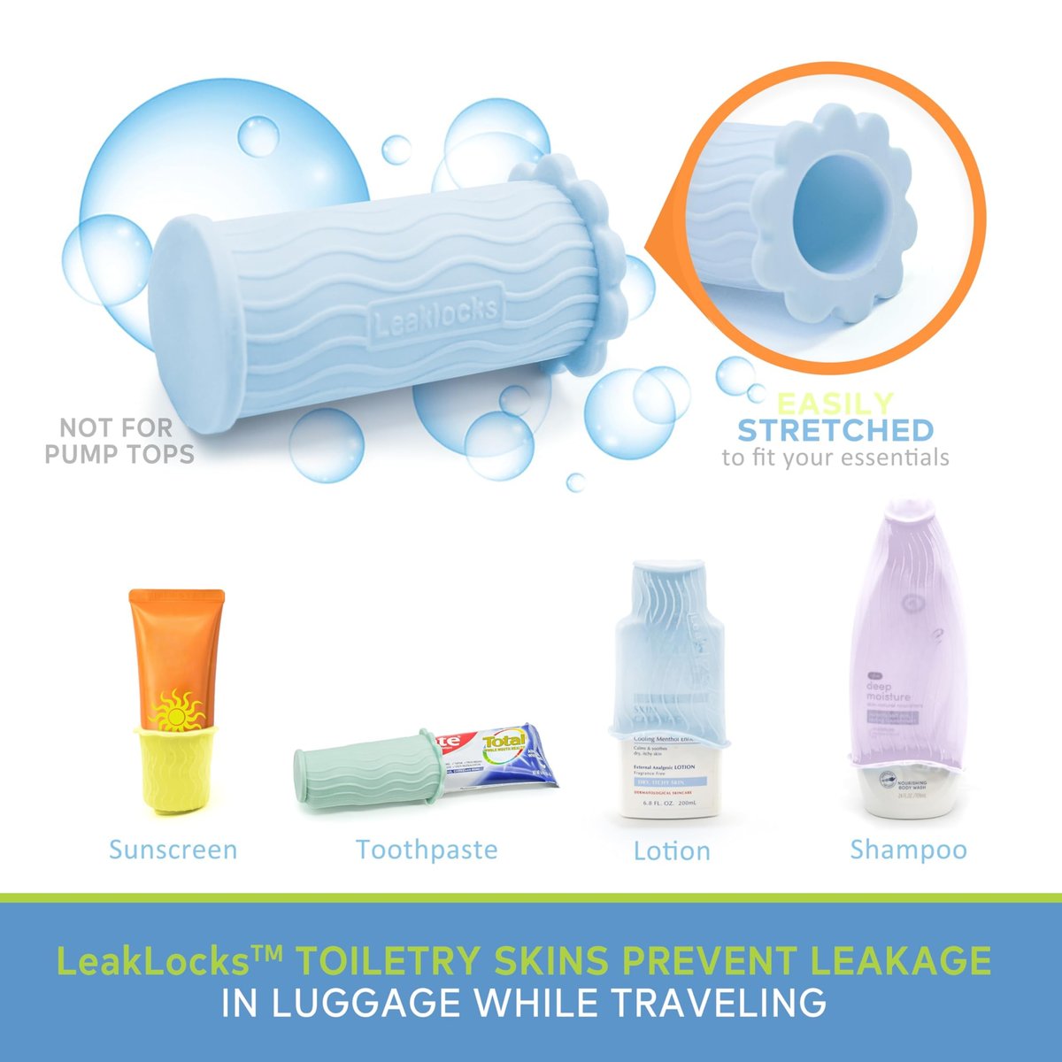 LeakLocks Toiletry Skins Elastic Sleeve for Leak Proofing Travel Containers - 4 Pack Pastel Paradise Avelisse