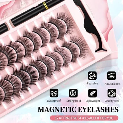 Magnetic Eyelashes and Eyeliner Kit – 12 Pairs Natural 3D Faux Mink Lashes with Magnetic Eyeliner & Tweezers, Reusable & Sweatproof, No Glue Needed