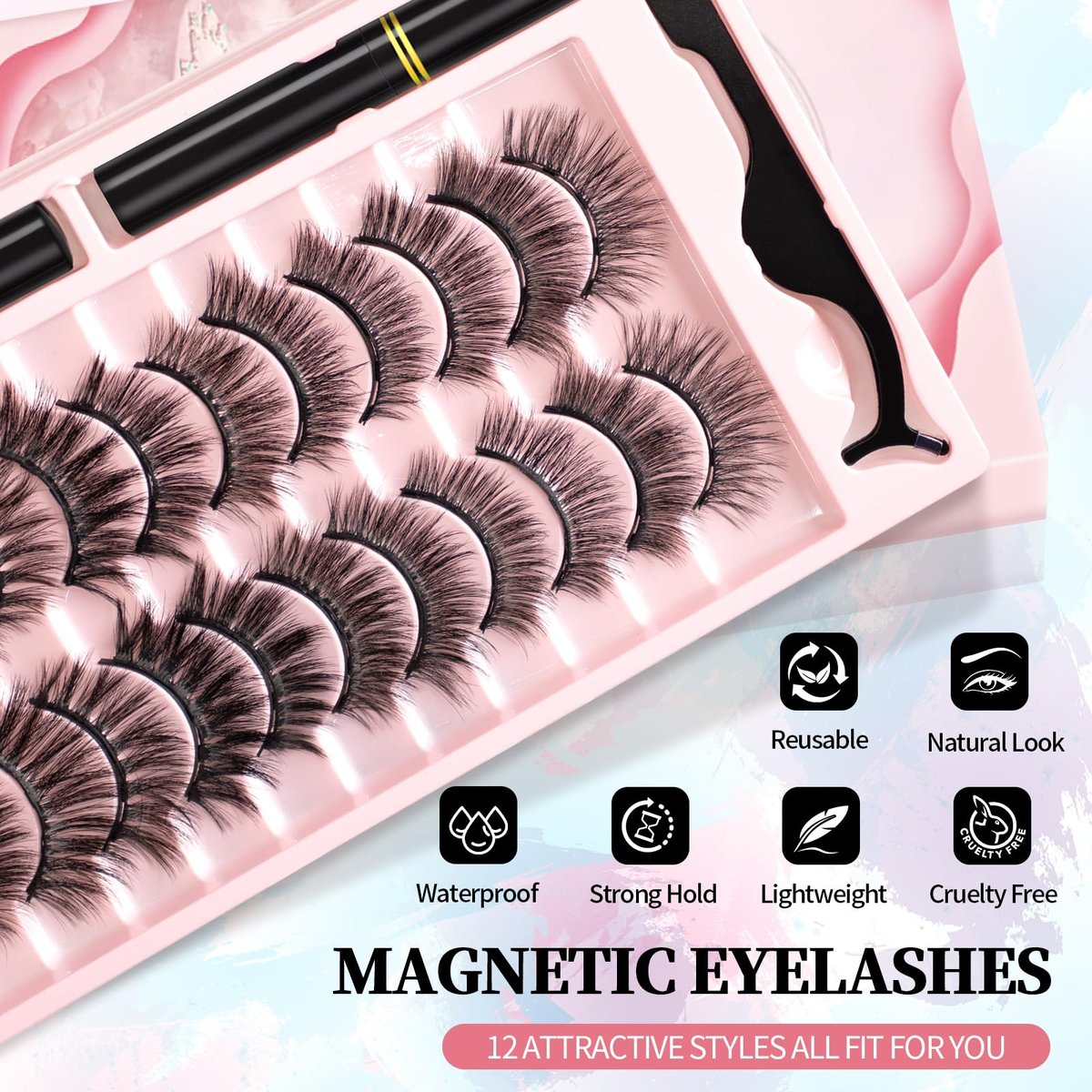 Magnetic Eyelashes and Eyeliner Kit – 12 Pairs Natural 3D Faux Mink Lashes with Magnetic Eyeliner & Tweezers, Reusable & Sweatproof, No Glue Needed - görsel 7
